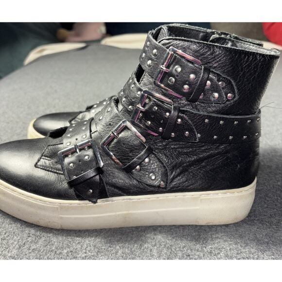 J/SLIDES Sneaker Shoe Womens size 8 Aghast Leather High Top Buckle Grunge - Picture 4 of 10